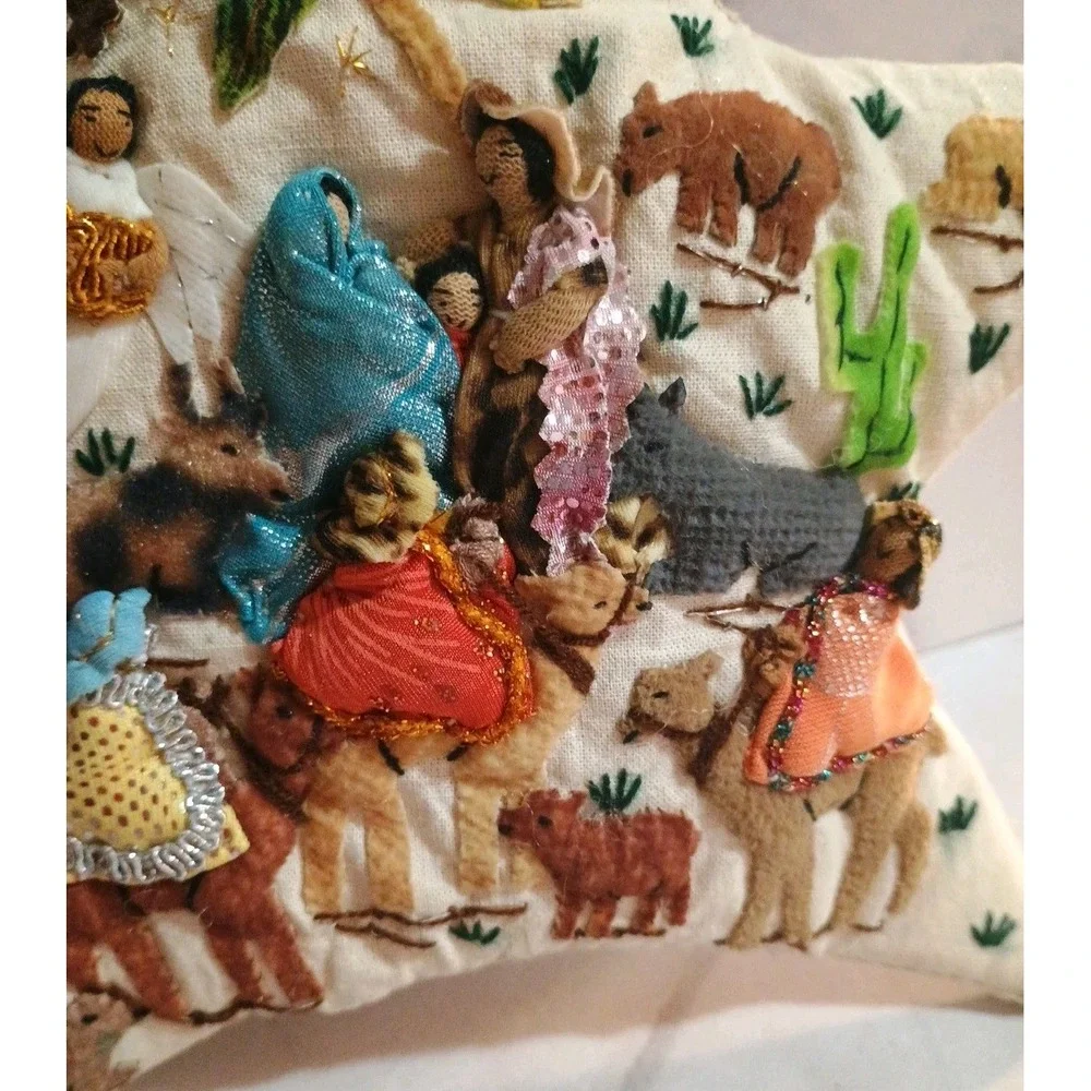 Vintage Fabric Nativity Scene Star‎ Tree Topper Metallic Vibrant Color Ornaments